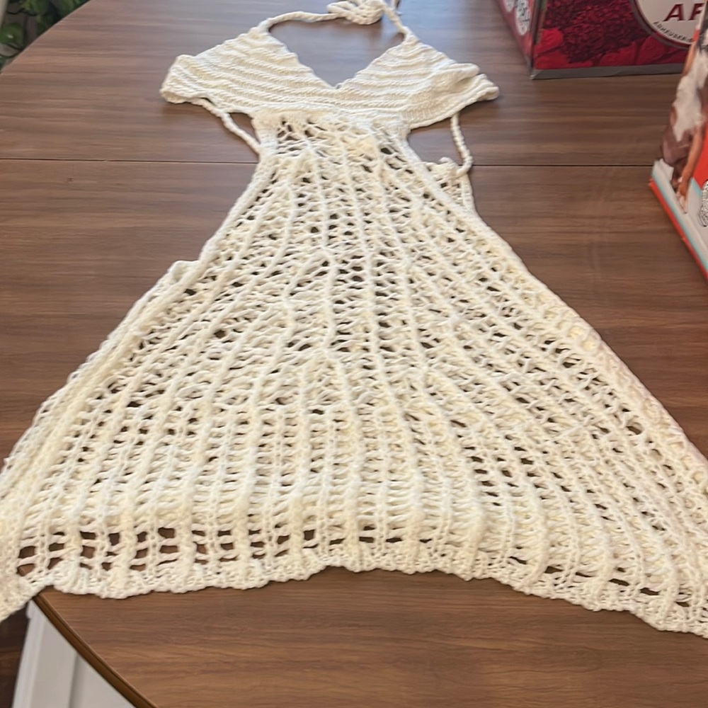 PRETTY white crocheted tie neck swimsuit cover up- S. Never worn